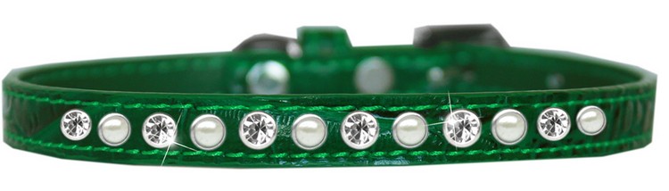 Pearl and Clear Jewel Croc Dog Collar Emerald Green Size 14